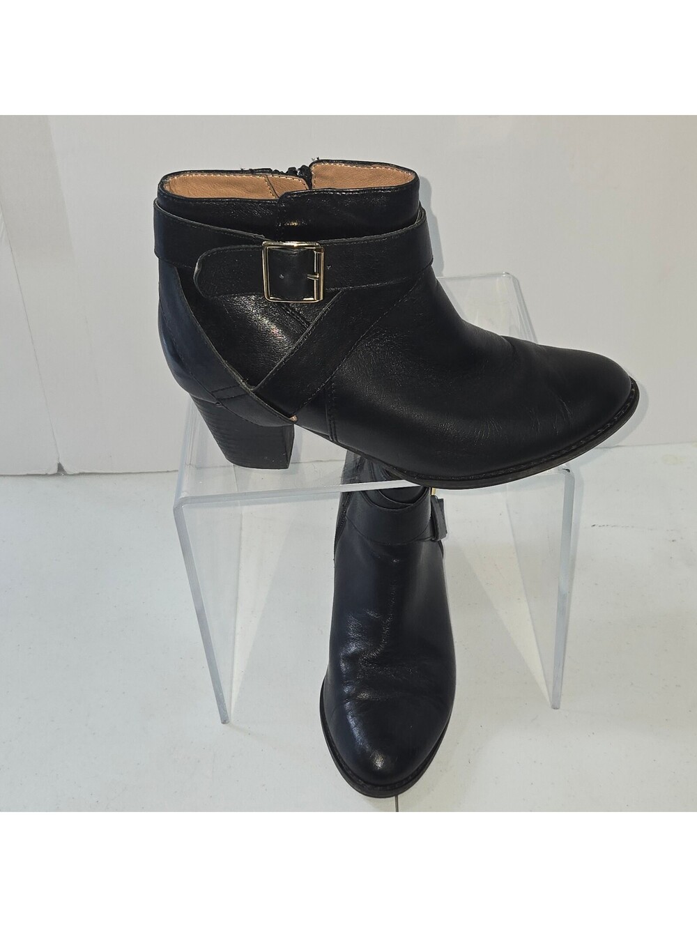 Vionic Trinity Leather Ankle Boots Black Buckle Strap Zip Block Heel Shoes  6.5